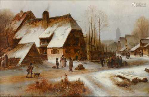 Anton Doll (1826-1887) 'Wintergezicht', gesigneerd l.o., doek. Afm. 60,5 x 92 cm.