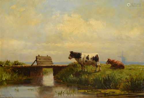 Cornelis Westerbeek (1844-1903) 'Koeien bij een bruggetje', gesigneerd l.o., paneel. Afm. 21 x 29