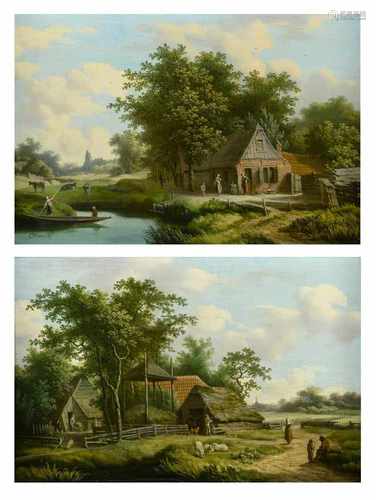 Christoffel Frederik Franck (1758-1816) Pendanten, 'Landschapsschilderingen met boerenhoeve',