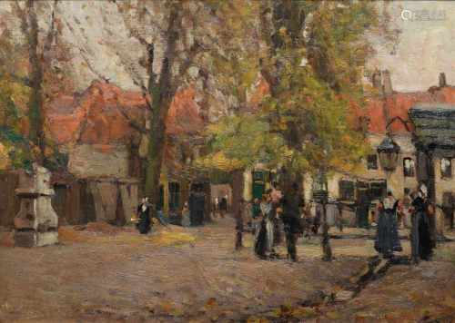 Gerard Jacobs (1865-1958) 'De Vismarkt te Middelburg', gesigneerd r.o., doek. Afm. 40,5 x 56 cm.