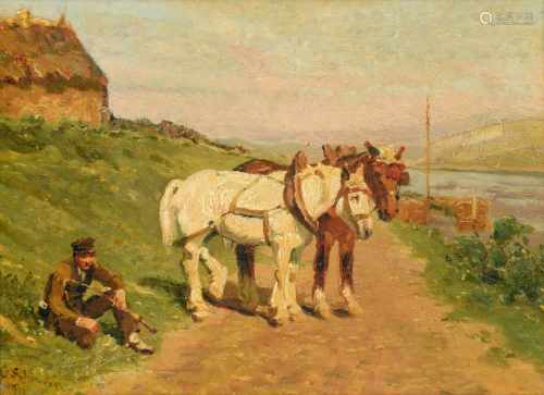 Johan Frederik Cornelis Scherrewitz (1868-1951) 'Trekpaarden aan de waterkant', gesigneerd en