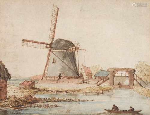 Anthonie Erkelens (1774-1804) 'Riviergezicht met molen en vissers in een bootje', gesigneerd l.o.,