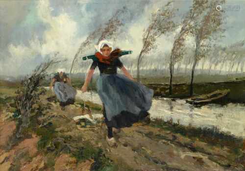 Gustave Flasschoen (1868-1940) 'Op weg naar de markt', gesigneerd gesigneerd r.o., doek. Afm. 52 x