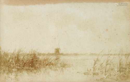 Willem Roelofs (1822-1897) 'Molen aan de plas', gesigneerd l.o., gewassen inkt. Afm. 16 x 25 cm.