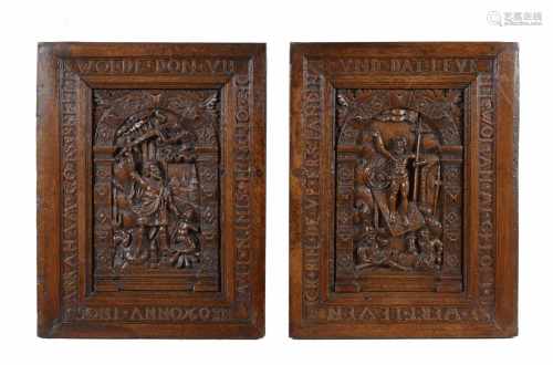 Stel eikenhouten panelen met in reliëf gesneden decor 'Het offer van Abraham', gedateerd 'Anno 1608'