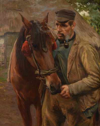 Roland Lary (1855-1932) 'Boer met paard', gesigneerd l.o., gedoubleerd. Afm. 99 x 79 cm.