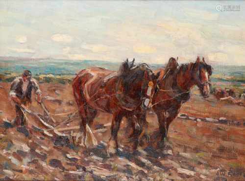 James William Booth (1867-1953) 'Ploegende paarden', gesigneerd r.o., doek. Afm. 23 x 31 cm.