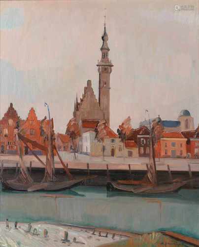 Alphonsus Josephus van Dijck (1894-1979) 'Haven van Veere', gesigneerd r.o., gedoubleerd. Afm. 60