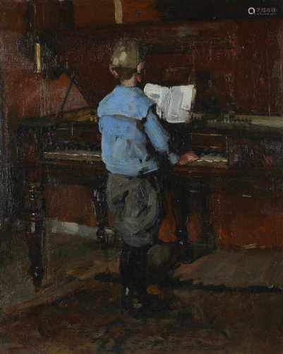 Jacob Dooijewaard (1876-1969) 'Jongen bij piano', gesigneerd r.b., doek. Afm. 50,5 x 40,5 cm.