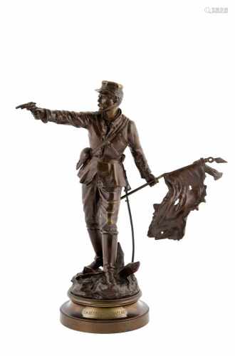 Bronzen sculptuur 'La défense du Drapeau'. Gesigneerd C. Anfrie. H. 50 cm.