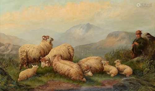 John W. Morris (1865-1924) 'Kudde schapen', gesigneerd l.o., doek. Afm. 59 x 100 cm.