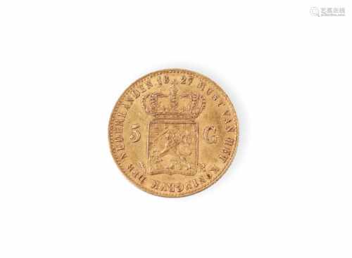 Gouden 5 G munt, Willem I, 1827.