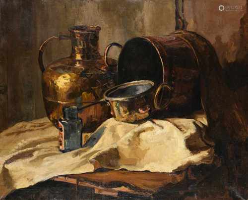 George Pletser (1871-1942) 'Stilleven met koper', gesigneerd r.o., doek. Afm. 84 x 103 cm.