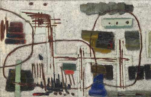 Willem Hussem (1900-1974) 'Compositie', gesigneerd en gedateerd '59 r.o., doek. Afm. 57,5 x 90 cm.