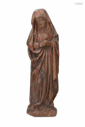 Eikenhouten sculptuur voorstellende de treurende Maria onder het kruis. Brabant, 15e eeuw. H. 41,5