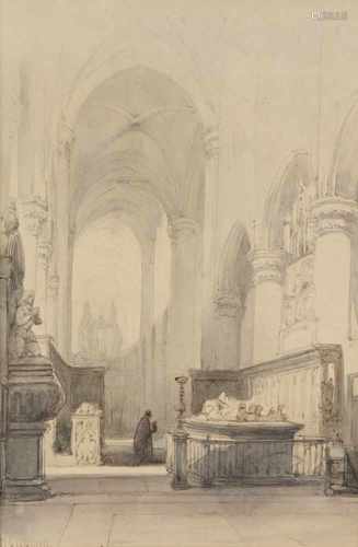 Johannes Bosboom (1817-1891) 'Kerkinterieur met graftombe', gesigneerd l.o., sepia. Afm. 27 x 17,5