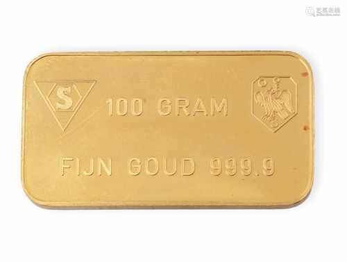 Goudbaar fijn goud 999.9. Schöne N.V. Amsterdam. Gew. 100 g.
