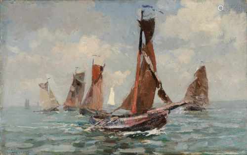 Willem F.A.I. Vaarzon Morel (1868-1955) 'Bomschuiten op zee', gesigneerd l.o., marouflé. Afm. 37 x