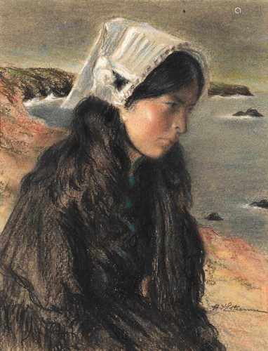 Henri d'Estienne (1872-1949) 'Een jonge vrouw aan de kust', gesigneerd r.o., pastel. Afm. 35 x 26