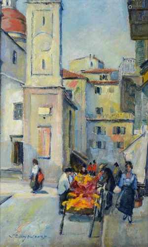 Willem Dooijewaard (1892-1980) 'Straatje in Nice', gesigneerd l.o., paneel. Afm. 40,5 x 25,5 cm.