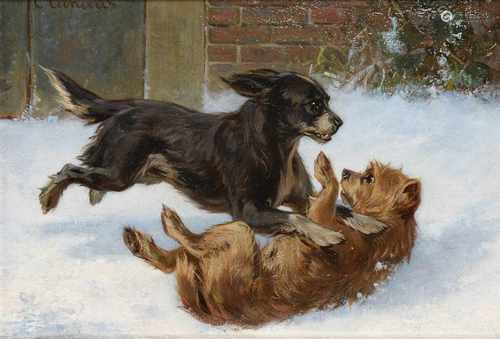 Conradijn Cunaeus (1828-1895) 'Spelende hondjes in de sneeuw', gesigneerd l.b., paneel. Afm. 19 x 27