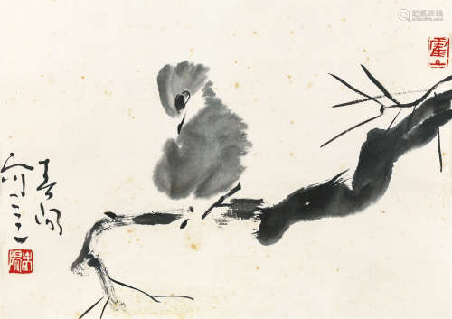 霍春阳（b.1946） 栖雀图 纸本水墨 镜框