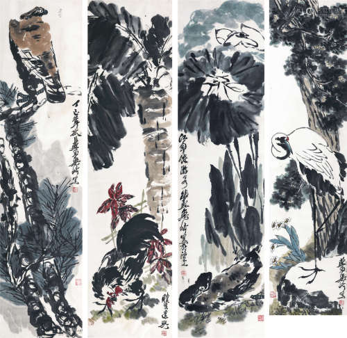 1977年作 梁崎（1909-1996） 花鸟四屏 纸本设色 镜框