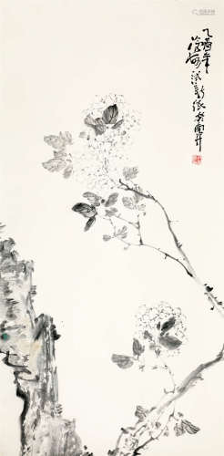 2005年作 尹沧海(b.1966) 海棠倚石图 纸本水墨 镜心