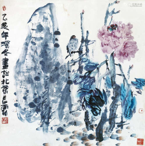 甘长霖(b.1946) 牡丹小鸟 纸本设色 镜框