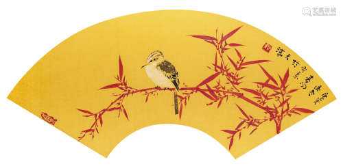 2010年作 霍春阳（b.1946） 红竹小鸟 硬卡设色 镜框