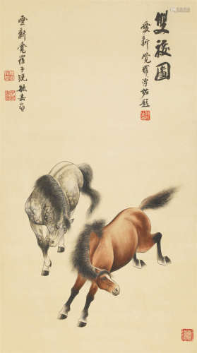 毓岳（b.1954) 溥佐（1918-2001） 双骏图 绢本设色 立轴