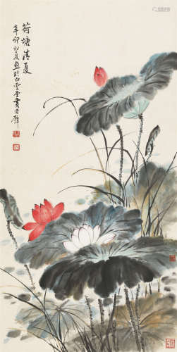 1951年作 黄君璧（1898-1991） 荷塘清夏 纸本设色 立轴
