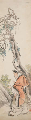 任薰(1835-1893) 古木策杖 纸本设色 立轴