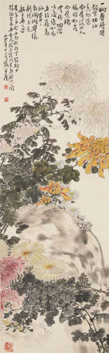 1936年作 谢公展(1885-1940) 菊石图 纸本设色 立轴