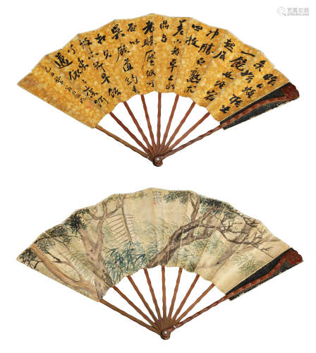 1889年作 金城(1878-1926) 翁同龢(1830-1904) 书画成扇 纸本设色 成扇