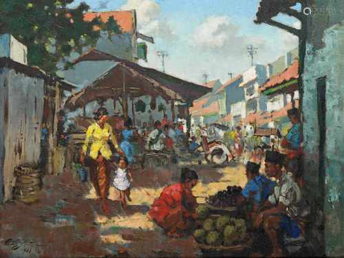 Siauw Tik Kwie (1913-1988) 'Market view', signed and dated 1966 l.l., canvas on board. 45 x 59 cm.