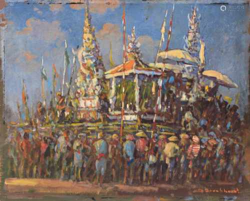 David Bronkhorst (active 1930s) 'Balinese cremation procession', signed l.r., panel. 48 x 60 cm.