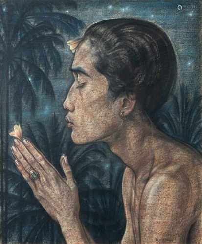 Rudolf Bonnet (1895-1978) 'Balinese Man during Mebakti', signed l.r., mixed media on paper. 54 x