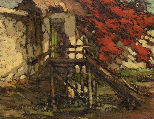 Lucien Frits Ohl (1904-1976) 'Bridge near the flamboyant', signed l.r., panel. 31 x 39 cm.