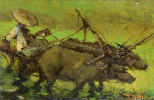 Lucien Frits Ohl (1904-1976) 'Farmer with water buffalos, signed l.r., board. 40 x 60 cm.