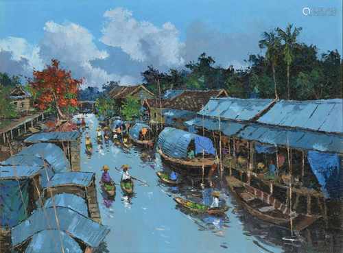 Tawee Nandakwang (1925-1991) 'Floating market, Thailand', signed l.r., canvas. 56 x 71 cm.