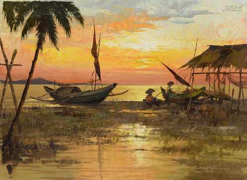 Cesar Buenaventura y Espinosa (1919-1983) 'Boats', signed and dated Manilla 1964 l.r., canvas. 56