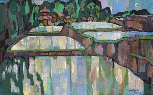 Arie Smit (1916-2016) 'Sawahs near a temple', signed and dated Bali '81 l.r., canvas. 25 x 40 cm.