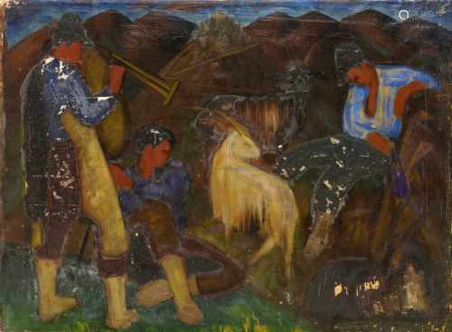 Rudolf Bonnet (1895-1978) Study for ‘Italian shepherds’, unsigned, canvas. 52 x 70 cm. Unframed.