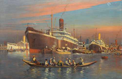 Leo Eland (1884-1952) ‘Activities on the anchorage of an Indonesian port', signed l.r., canvas. 69 x