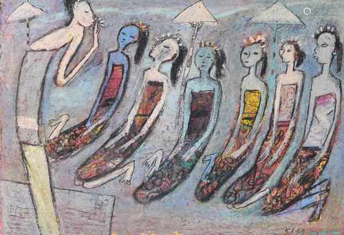 Kay It (1938-1977) 'Balinese girls on the beach', signed and dated '69 Bali' l.r., watercolour on