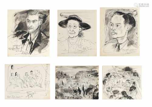 Six drawings by Hendra Gunawan (1918-1983), ink on paper, made during his trip via Suez to east
