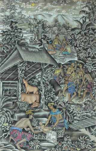 Ketut Lasia (1945-) 'The birth of Christ', signed l.l., canvas. 95 x 62 cm. Photograph of the artist