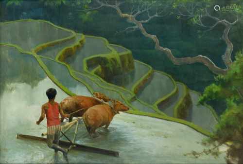 Dullah (1919-1996) 'Plowing on the paddy field', signed and dated 'Bali 1977' l.l., canvas. 70 x 100