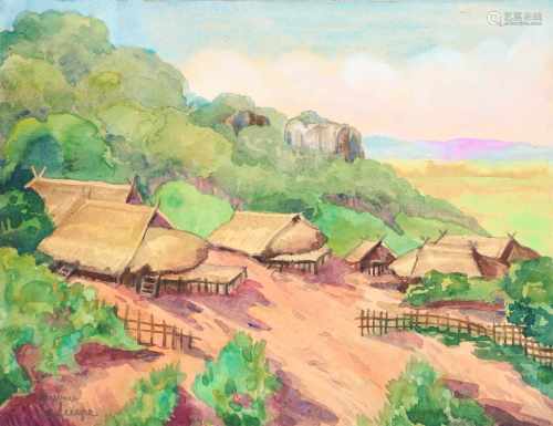 Léa Lafugie (1890-1972) 'Village on the hills', signed l.l., watercolour on paper. 26 x 33 cm.
